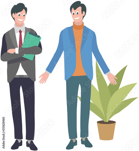 Teamwork concept with two men solving tasks together, standing and communicating. Boss talking to subordinate in office. Collaboration employees talking, discussing plan, working issues at meeting
