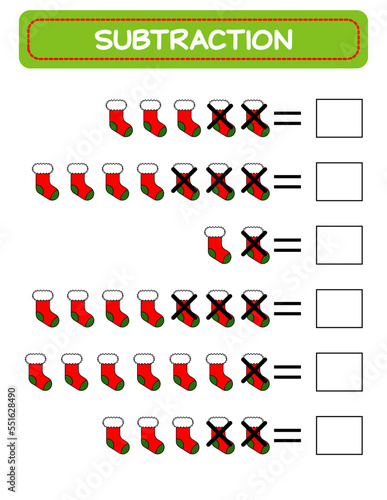 Subtraction.  Math worksheet for kids. Developing numeracy skills. Solve examples and write. Mathematics. Vector illustration.Educational math children game. Subtraction for kids.