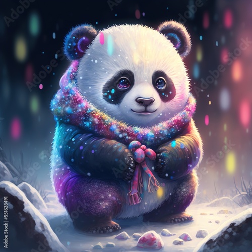 Christmas Colorful Panda Bear on Snow, Generative AI