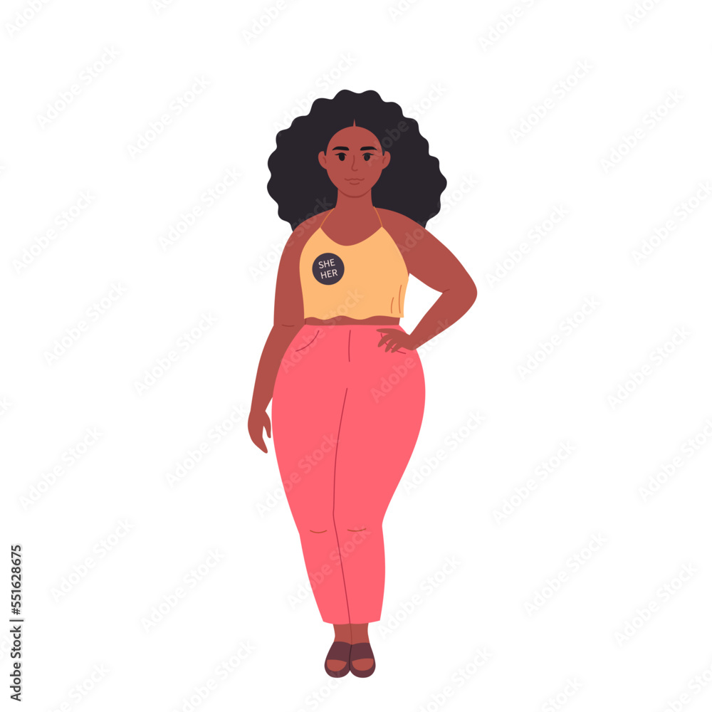Young character with gender pronouns pin. She, he, they, non-binary. Gender-neutral movement. LGBTQ community. Hand drawn vector illustration Young character with gender pronouns pin. She, he, they, non-binary. Gender-neutral movement. LGBTQ community. Hand drawn vector illustration