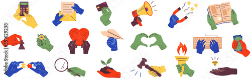 Big set of colorful hands holding stuff. Human palms with tools and objects. Miscellaneous gestures, signs and symbols. Attributes, devices, instrument and subjects in hands vector illustration