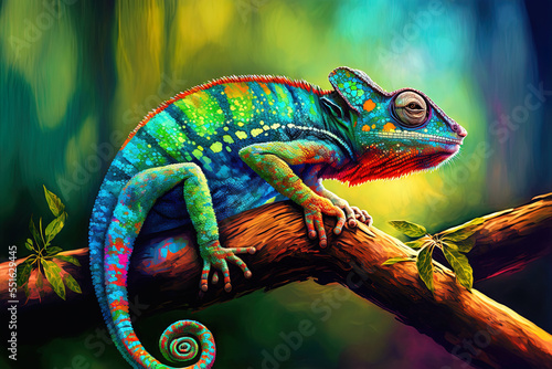 Fotografia Colorful chameleon panther perched on a branch. Generative AI