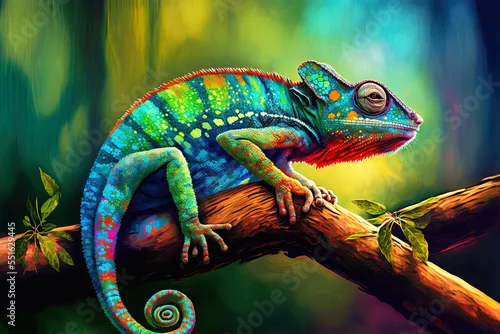 Obraz Colorful chameleon panther perched on a branch. Generative AI