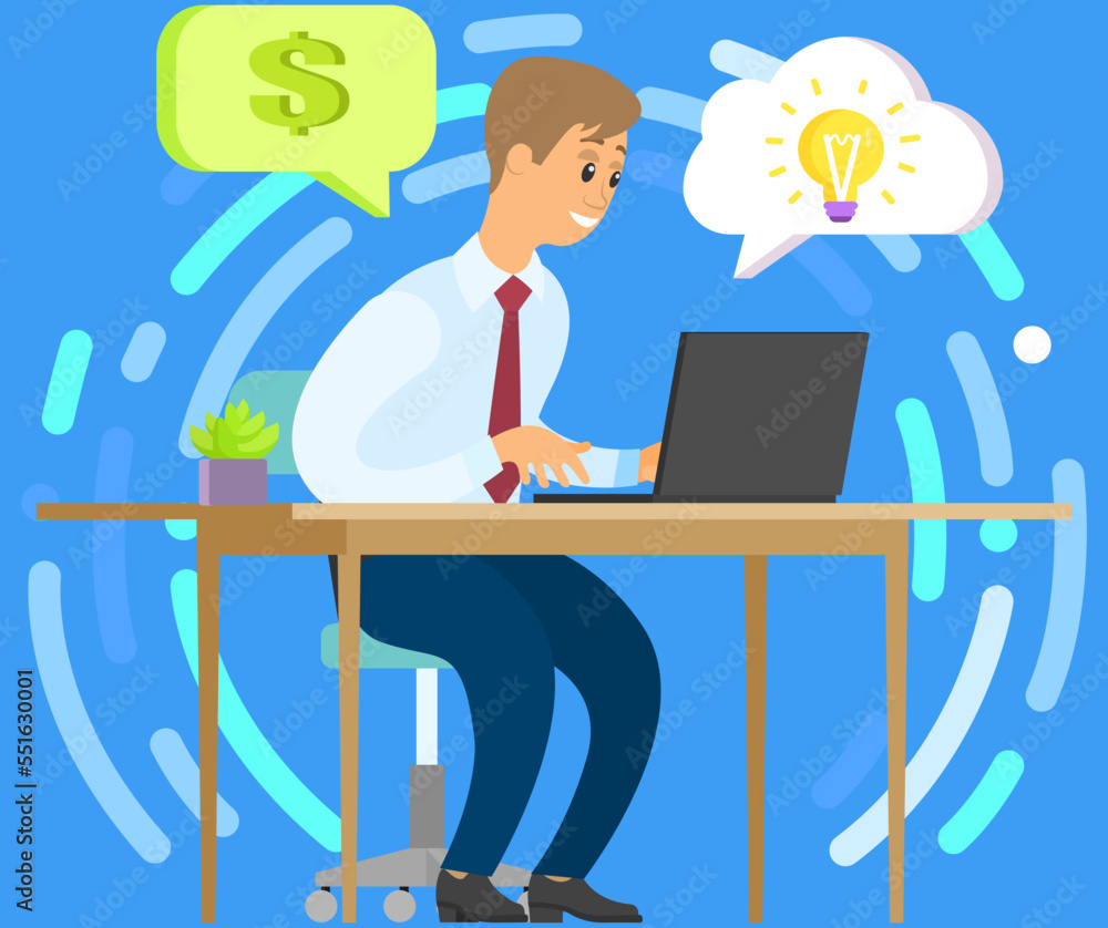 Businessman works with computer, invests in new idea, developing startup project. Concept of financial contribution to innovation. Venture capital, investment, financing, big profit, money growth