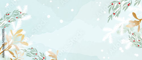 Watercolor winter art background vector illustration. Decorative winter leaves, fir, spruce, golden mistletoe branches, berry leaf branch, watercolor. Design for print, decoration, poster, wallpaper, 