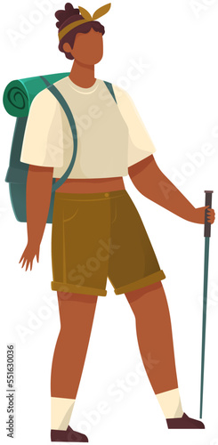 Female tourist with backpack and hiking stick isolated. Outdoor travelling and nature camping. Woman traveler on trip, girl stands in full lenght. Tracking through mountains and trails, adventure time