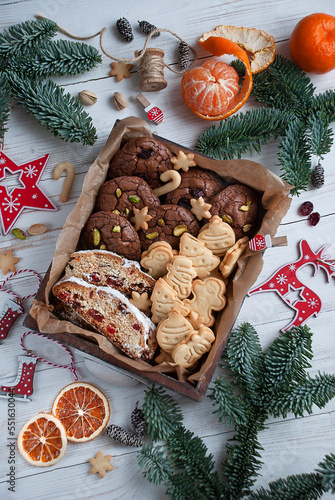 christmas cookies with chocolate and nuts in a wooden box, edible gifts