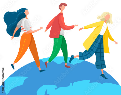Happy friends goes around world. Young people holding hands walking on planet isolated concept. Friendship of people from all over world. Limitless opportunities for students. Cheerful travelers