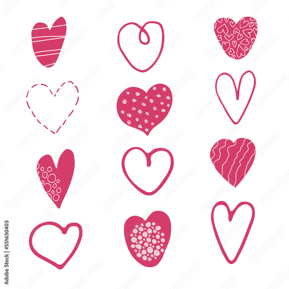 Set of hand drawn hearts isolated on white background. Vector illustration.