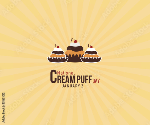 National Cream Puff Day. 2nd January. Holiday concept. Template for sunburst background, banner, card, poster . Vector illustration.
