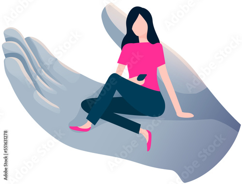 Young girl using phone sitting on stone human hand, legs crossed and interacting with smartphone. People and gadgets. Girl communicating in social networks. Telephone and internet addiction