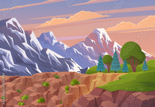 Mountains landscape, abstract lilac sunset panoramic view. Mountainside forest background. View of mountain landscape with rocks and cloudy sky. Beautiful scenery with cliffs vector illustration