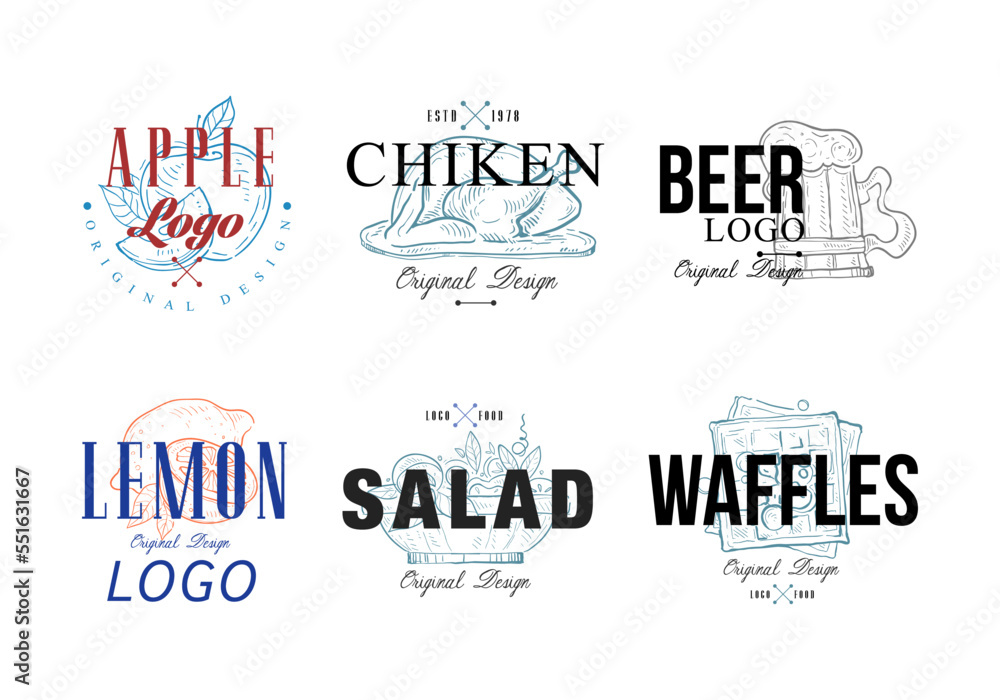 Food Sketch Logo Design with Apple, Chicken, Beer, Lemon, Salad and Waffles Vector Set