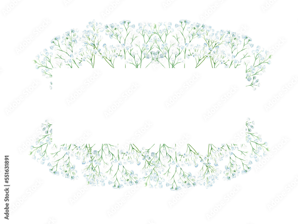 Watercolor horisontal frame with gypsophila branches. Botanical illustration isolated on white background. Can be used for wedding, greeting cards, baby shower, banners, blog templates, logos and