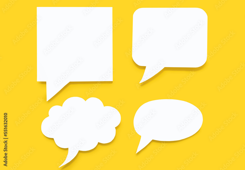 Set of paper speech bubbles on a yellow background. Flat chat icons in the form of speech bubbles of various shapes. Free space for text or image. Signs of verbal communication - obrazy, fototapety, plakaty 