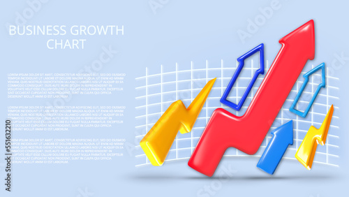 Arrows of growth, takeoff. Charts of the concepts of market movement up, infographics. Realistic 3D design, vector rendering of a successful business.. Economic growth. Red arrow of the trend curve.