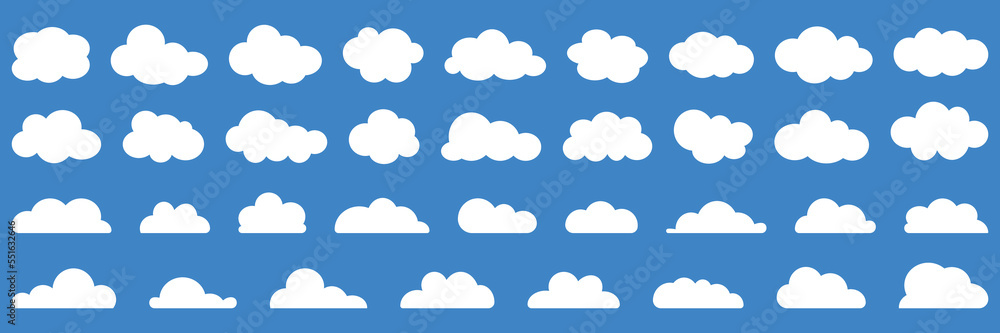 Cloud shapes. Clouds pack in flat style for design element in white without shadow. Cloud shapes. Clouds pack in flat style for design element in white without shadow.