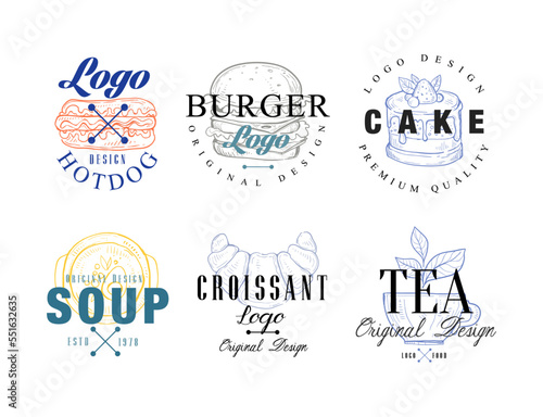 Food Sketch Logo Design with Hot Dog, Burger, Cake, Soup, Croissant and Tea Vector Set
