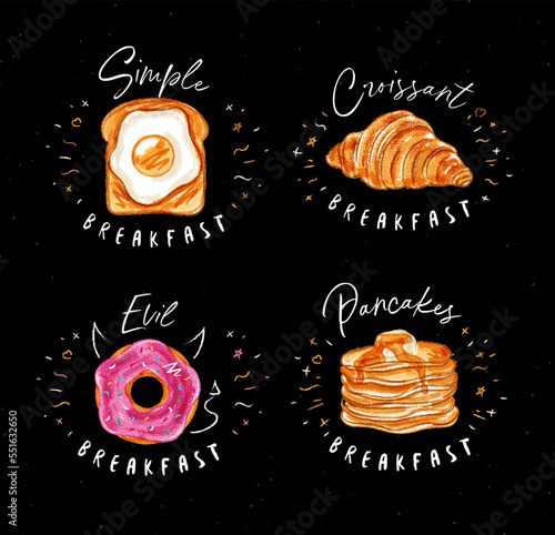 Breakfast set egg and toast, french croissant, sweet donut, pancakes with maple syrup drawing on dark background