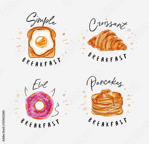 Breakfast set egg and toast, french croissant, sweet donut, pancakes with maple syrup drawing on light background photo
