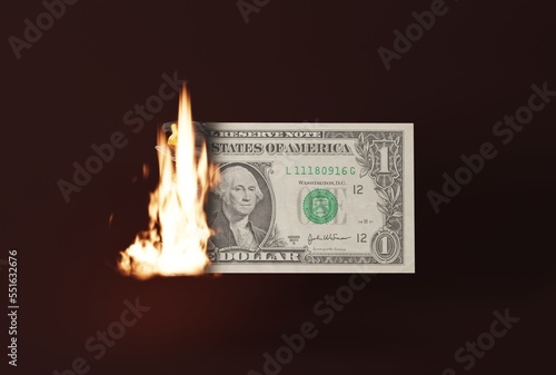 Burning dollar on a dark background. The concept of destroying money, business. Spending and wasting money. 3D render, 3D illustration.