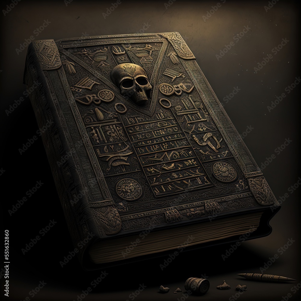 Fototapeta premium Ancient Egyptian book of the dead. Fantasy book, black book with mummies. AI