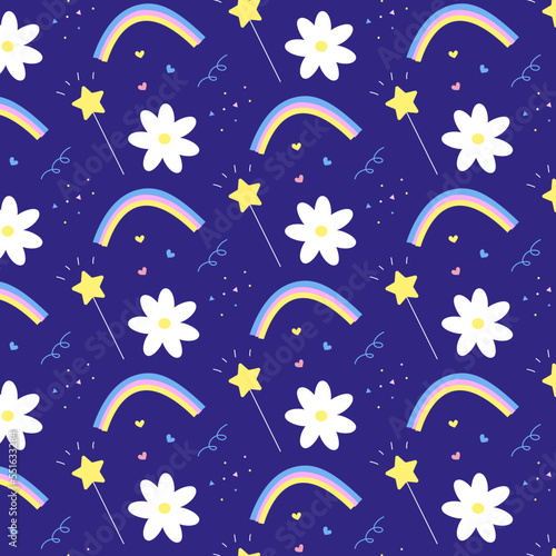 blue pattern for kids with rainbow  flower  magic wand.