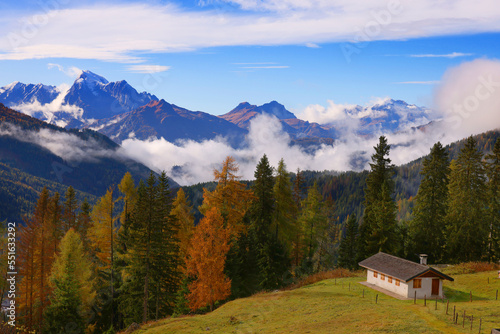 Scenic view at sunset with Marmolada Peak, the highest mountain of Dolomites, Italy, Europe 