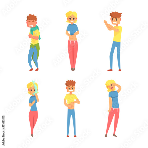 People Characters Feeling Unwell and Sick Suffering From Illness Vector Set