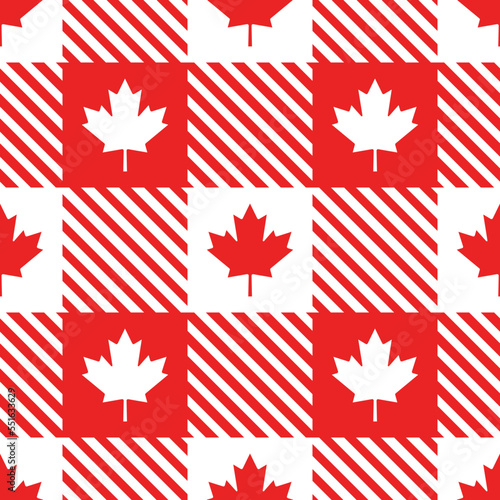 Canadian vector seamless pattern. Maple leaves on lumberjack plaid background in red and white colors. Best for textile, wallpapers, decoration, wrapping paper, package and web design.