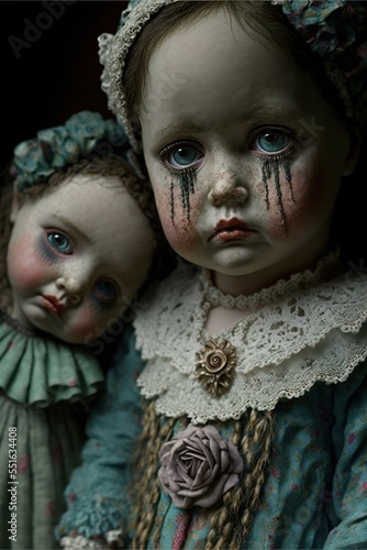 Two child dolls crying digitally generated sad art