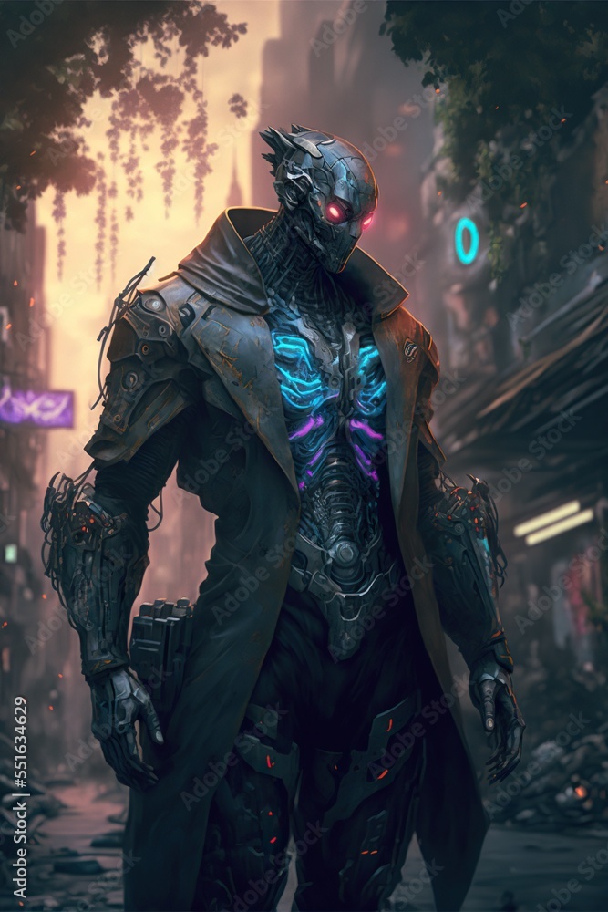 Cyberpunk neon cyborg in city street ruins. Character design.