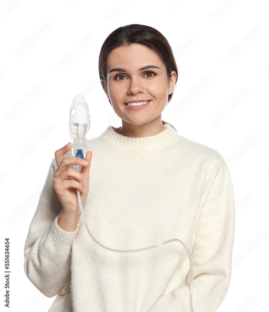 Happy young woman with nebulizer on white background Happy young woman with nebulizer on white background