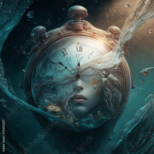 old watch underwater with a woman's face - Generative AI