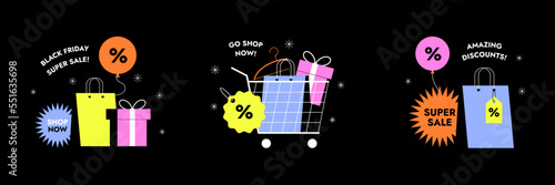 Online shopping concept set. E-commerce, customer on the sale. App on mobile phone and computer. Web banner, social media, ad, promo poster. Black friday template. Trendy flat vector illustration.