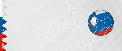 Banner design of a football ball with flag of Slovenia in football net, the goal by national soccer team of Slovenia.