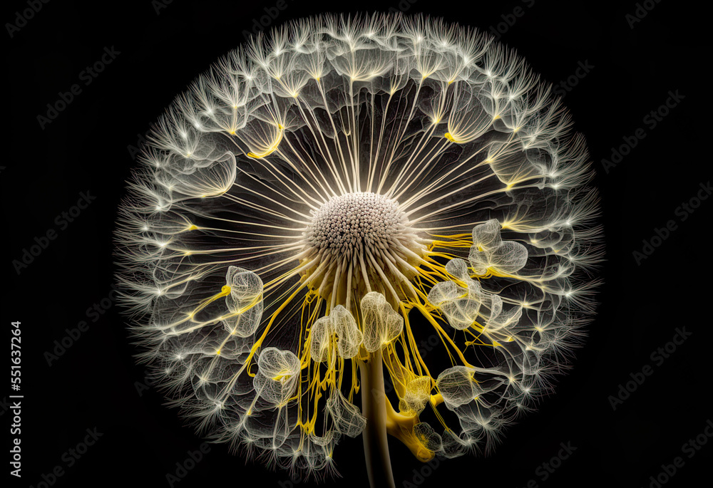 Fototapeta premium Fictional fantasy of a dandelion and a brain, a hybrid is born with its fantastic structures, beautiful background for imaginative projects, illustration, digital