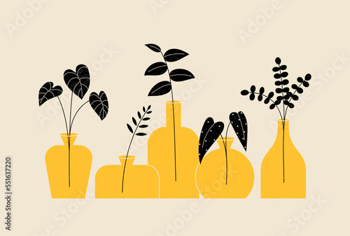 Pot plant set. Houseplant art. Collection of beautiful trendy decorative plants for home and office, Urban jungle decor. Set collection. Simple graphic design. Trendy flat style. Vector illustration.