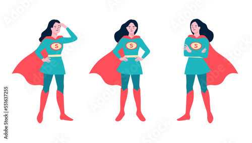 Superheroes women character. Longhaired superwoman actions set in cartoon colored style with different poses. Superhero costume waving cloak. Wonder female hero. Flat vector illustration Simple style.