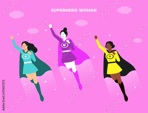 Superhero woman character in flight. Attractive young woman wearing superhero costume with cape, flying through air in superhero pose, on sky background. Flat vector illustration Simple style.