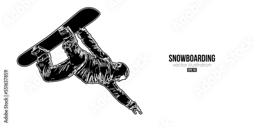 Abstract silhouette of a snowboarding on white background. The snowboarder man doing a trick. Carving. Vector illustration