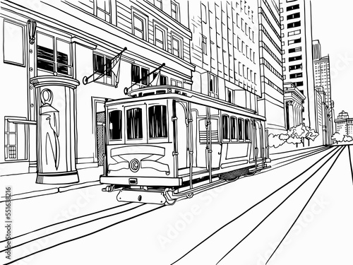 Cable Car in San Francisco. California streetcar. USA. Traditional California car. Hand drawn urban sketch. Digital illustration. Vector background.