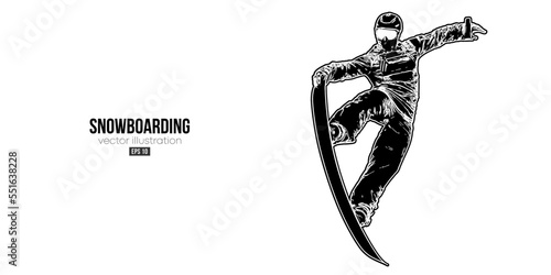 Abstract silhouette of a snowboarding on white background. The snowboarder man doing a trick. Carving. Vector illustration