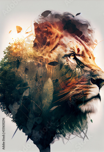 Double exposure lion and natue view. Trees, muntains. Concept graphic photo