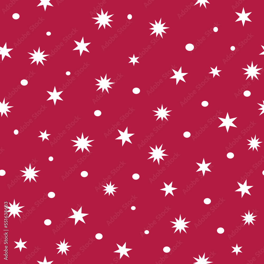 Christmas magenta red background with white stars and snowflakes seamless pattern abstract tile vector. Simple geometric shapes ornament. Repeating texture. Backdrop. Wallpaper. Gift wrapping paper. Christmas magenta red background with white stars and snowflakes seamless pattern abstract tile vector. Simple geometric shapes ornament. Repeating texture. Backdrop. Wallpaper. Gift wrapping paper.