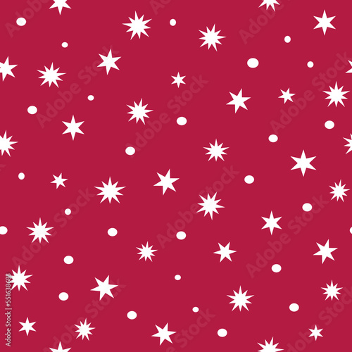 Christmas magenta red background with white stars and snowflakes seamless pattern abstract tile vector. Simple geometric shapes ornament. Repeating texture. Backdrop. Wallpaper. Gift wrapping paper.