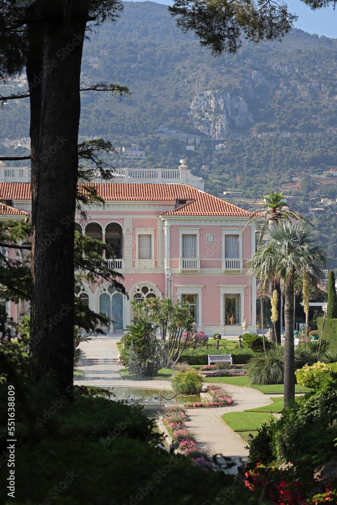 Saint-Jean-Cap-Ferrat, France - July 29, 2021: Famous Villa Ephrussi Rothschild on the Saint-Jean-Cap-Ferrat peninsula on the French Riviera