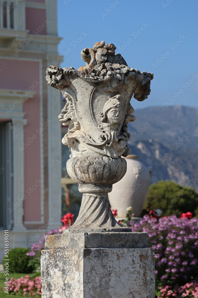 Saint-Jean-Cap-Ferrat, France - July 29, 2021: Sculptures in the garden of Villa Ephrussi Rothschild on the Saint-Jean-Cap-Ferrat peninsula