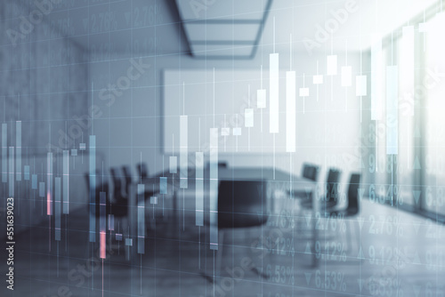 Double exposure of virtual creative financial diagram on a modern boardroom background, banking and accounting concept