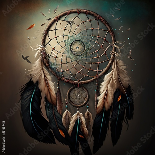 Indian Magical amulet Dreamcatcher  protecting the sleeper from evil spirits and diseases. bad dreams get tangled in the web  while good dreams slip through the hole in the middle. AI